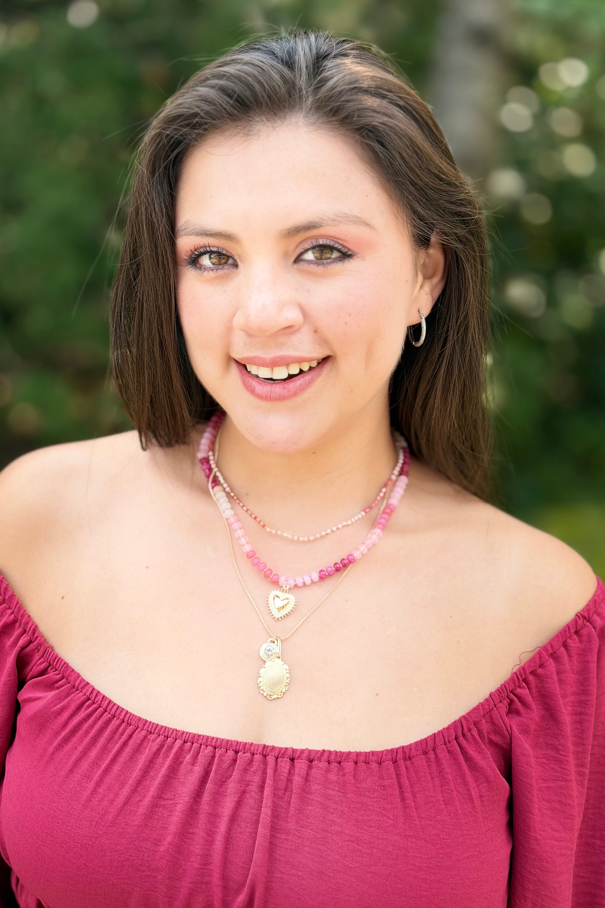 Layered Heart & Charm Necklace - Pink