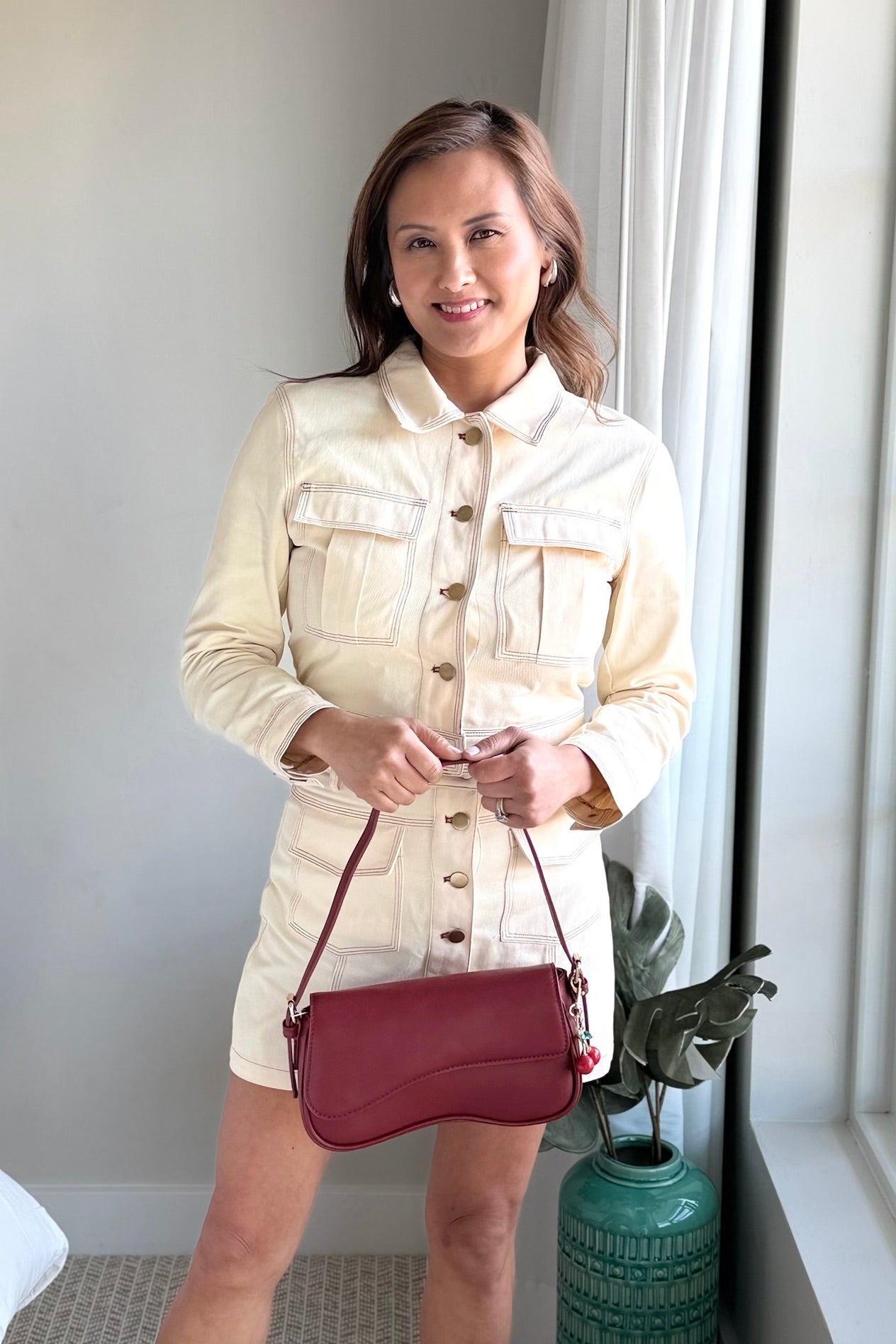 Contrast Stitching Cropped Jacket - Cream