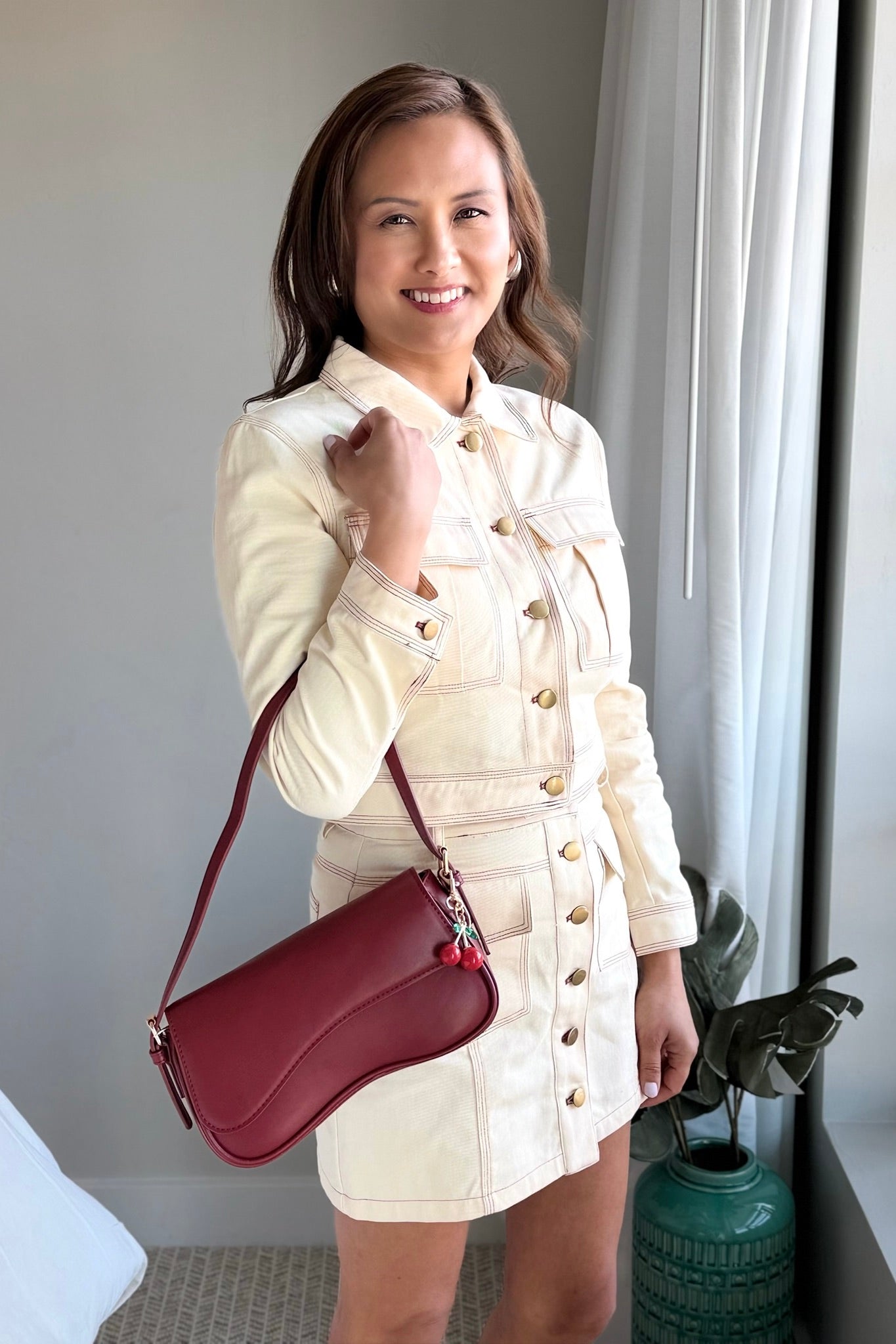 Emilie Shoulder Bag W/ Cherry Charm - Burgundy
