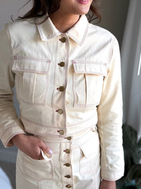 Contrast Stitching Cropped Jacket - Cream