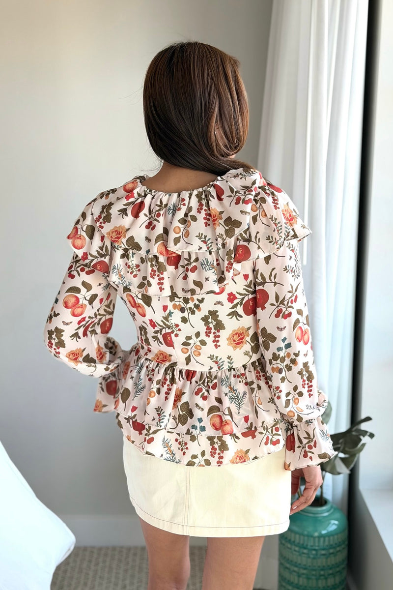 Floral Print Tiered Ruffle Top Fruit Design Puffed Sleeves Hi-Low Cut ...