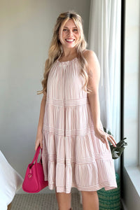 Tie Neck Striped Dress - Rose
