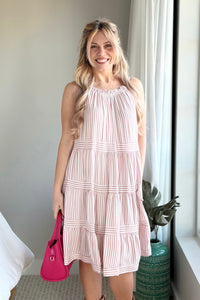 Tie Neck Striped Dress - Rose