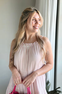 Tie Neck Striped Dress - Rose
