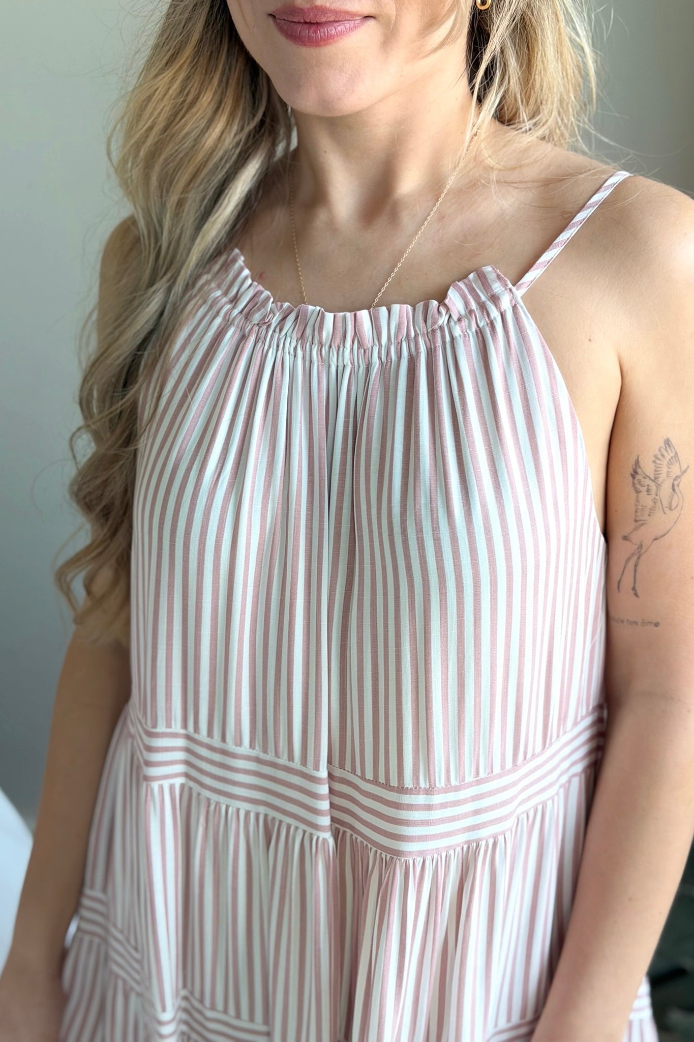 Tie Neck Striped Dress - Rose