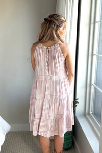 Tie Neck Striped Dress - Rose