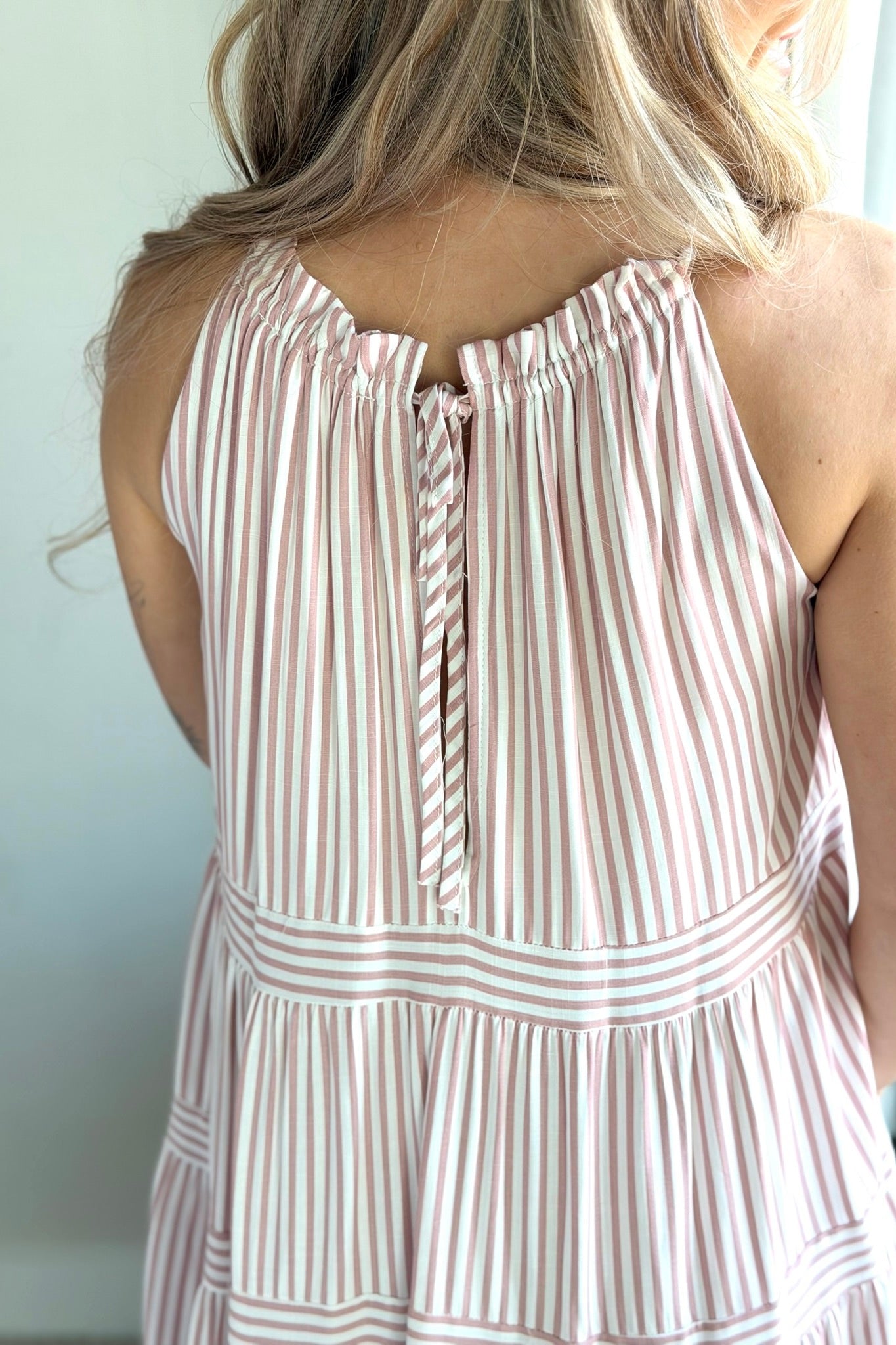 Tie Neck Striped Dress - Rose