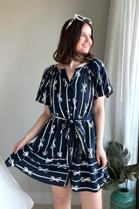 Bow Print Flutter Dress - Navy