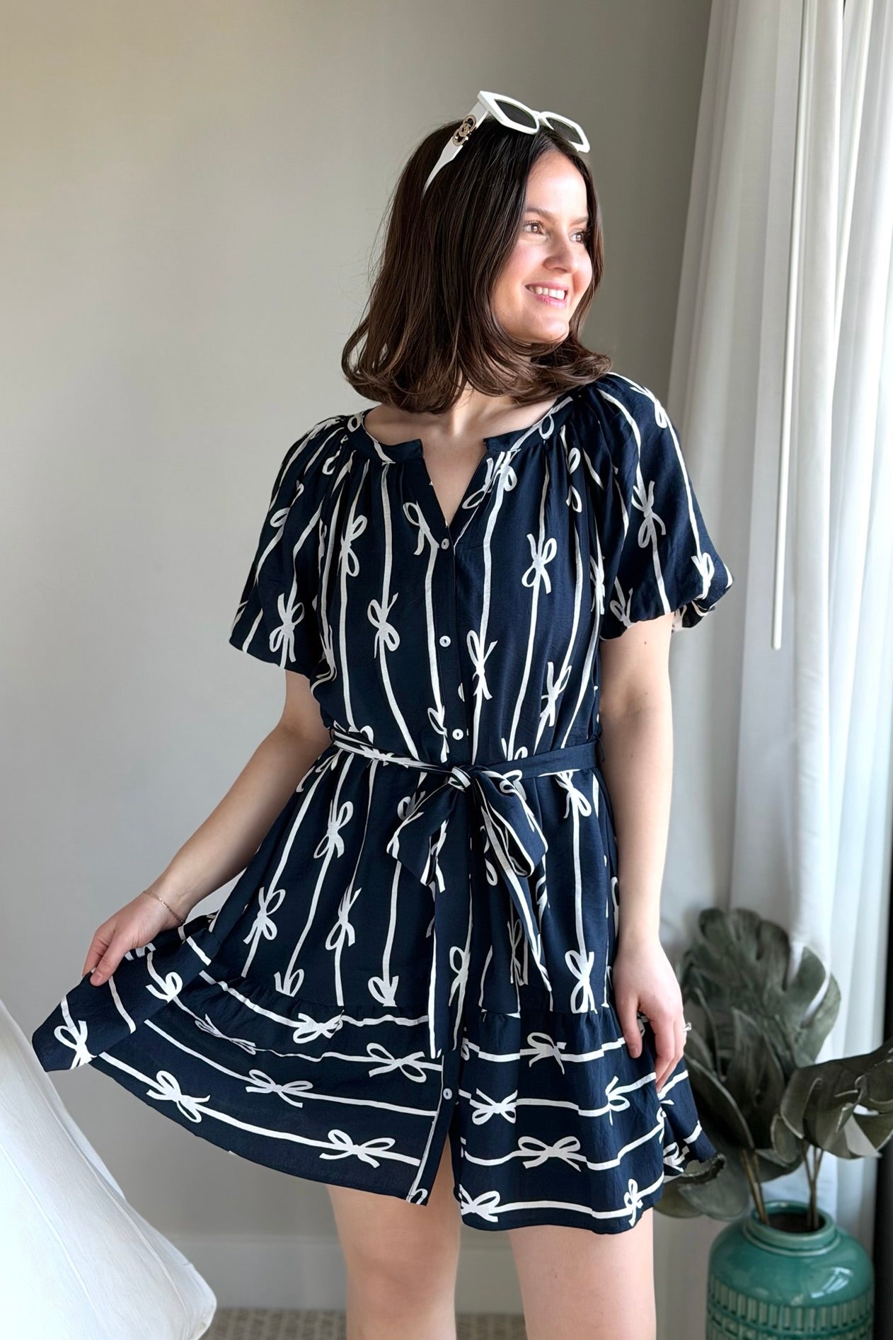 Bow Print Flutter Dress - Navy