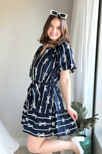 Bow Print Flutter Dress - Navy