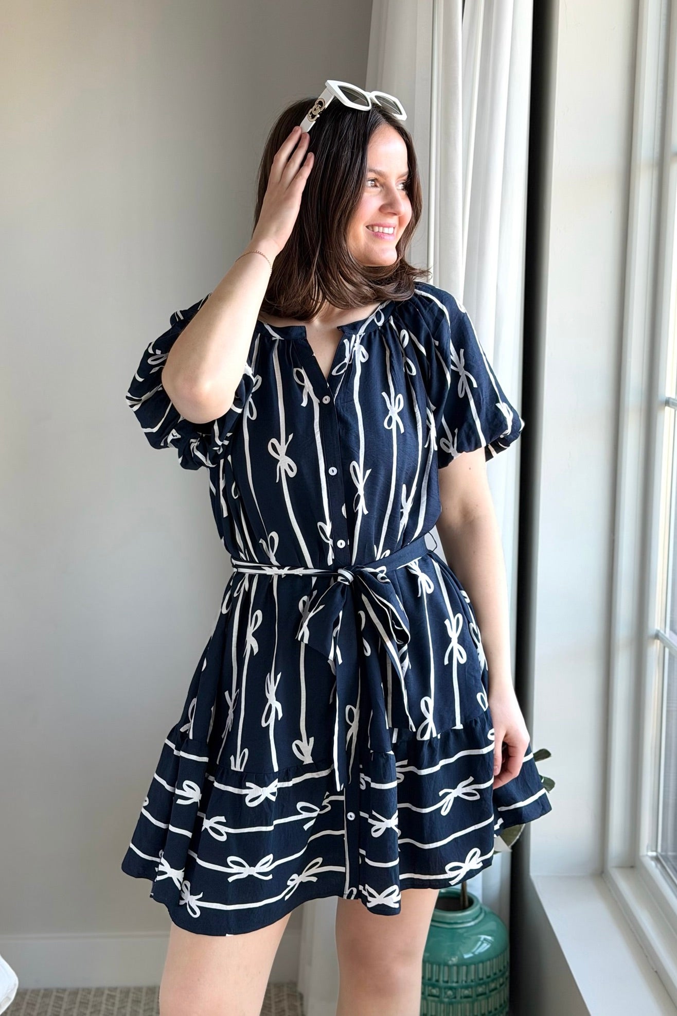 Bow Print Flutter Dress - Navy