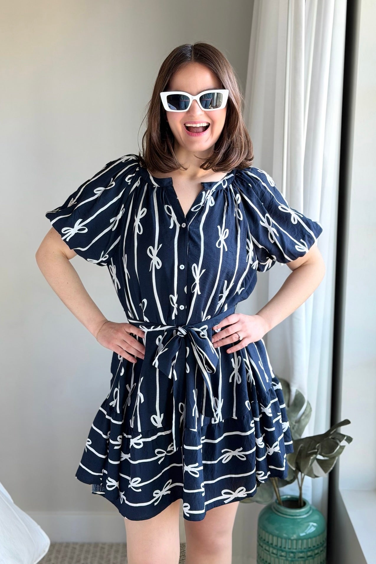 Bow Print Flutter Dress - Navy