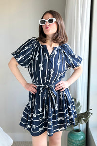 Bow Print Flutter Dress - Navy