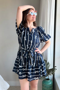 Bow Print Flutter Dress - Navy