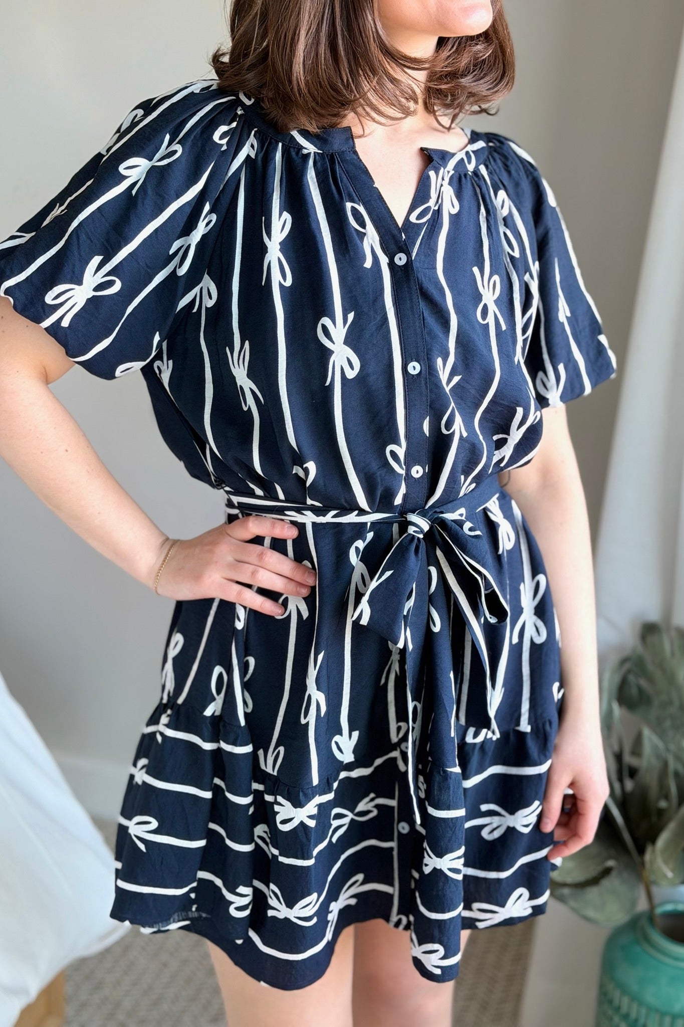 Bow Print Flutter Dress - Navy