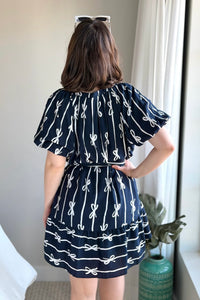 Bow Print Flutter Dress - Navy