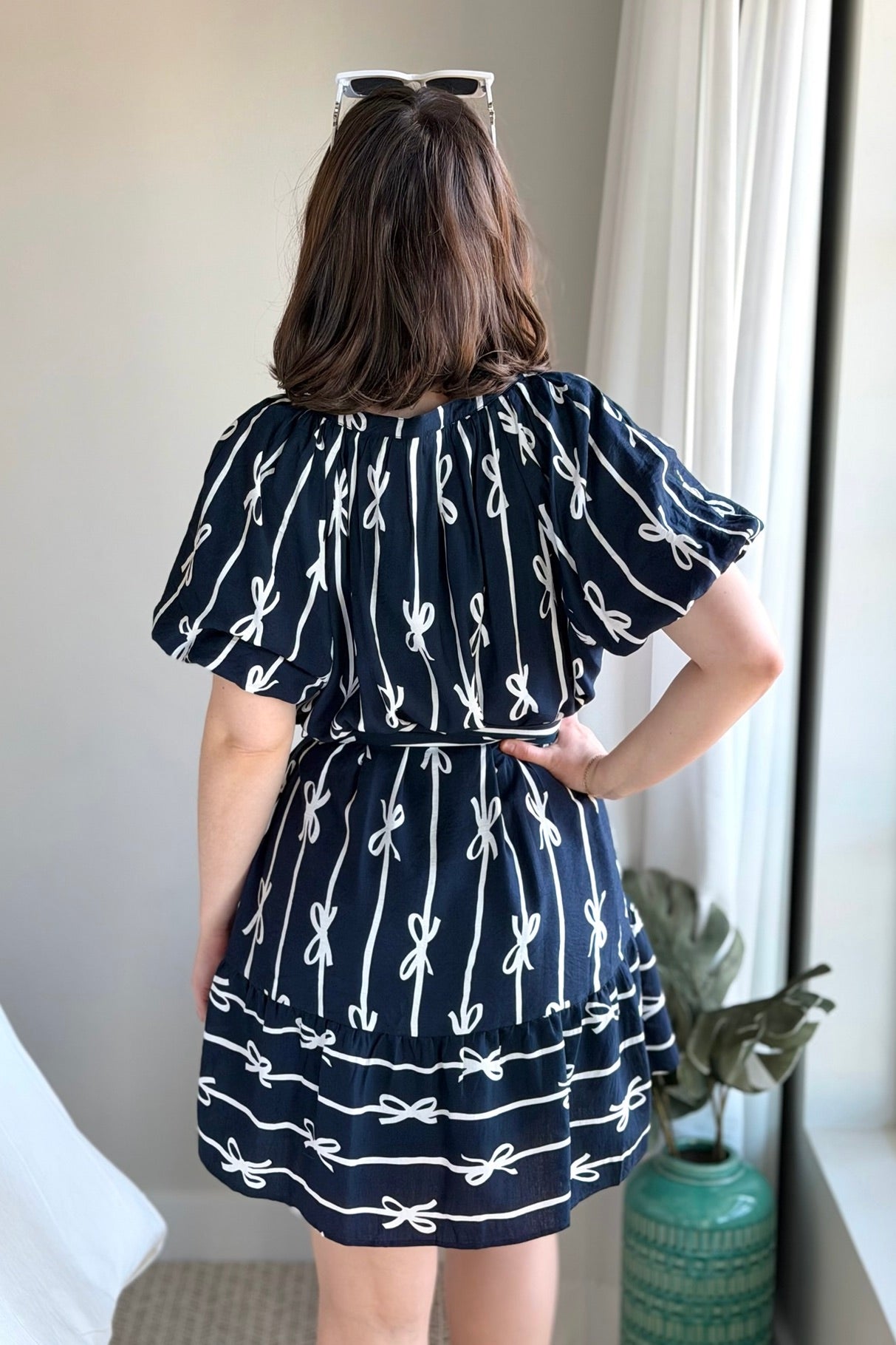 Bow Print Flutter Dress - Navy