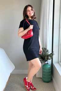 Textured Stripe T-Shirt Dress - Black