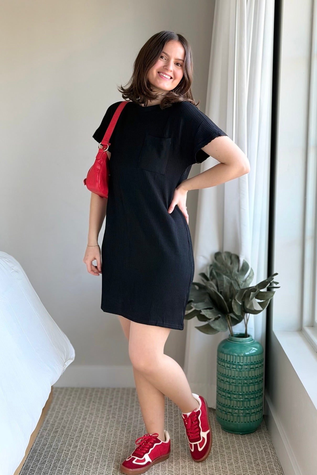 Textured Stripe T-Shirt Dress - Black