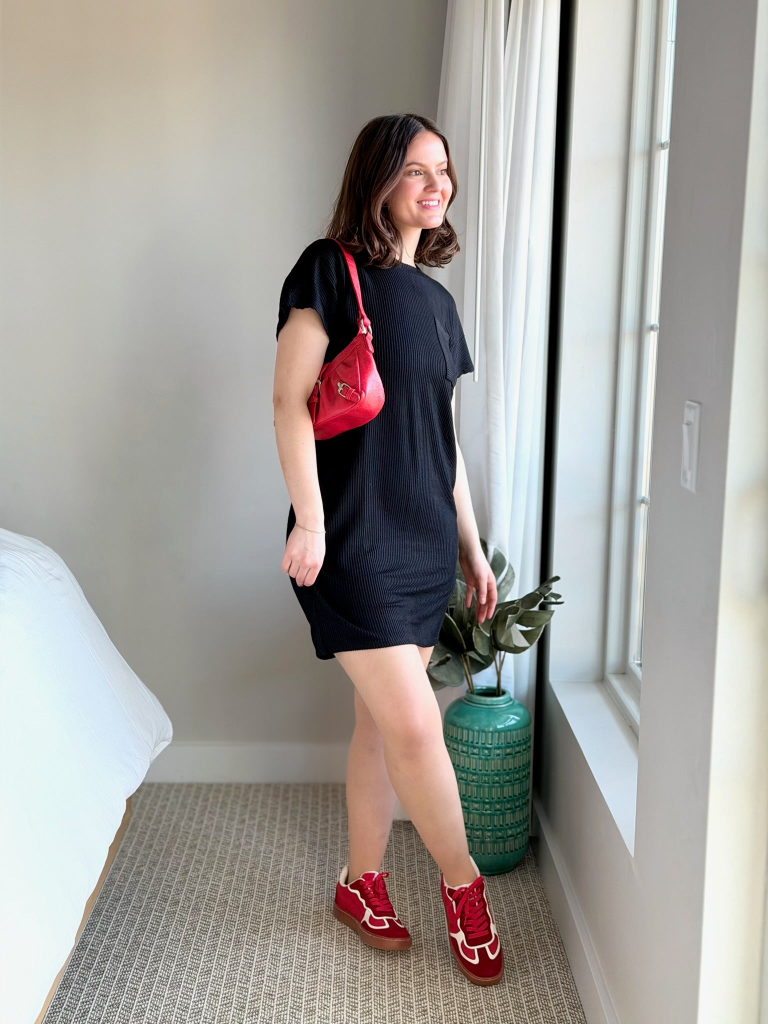 Textured Stripe T-Shirt Dress - Black