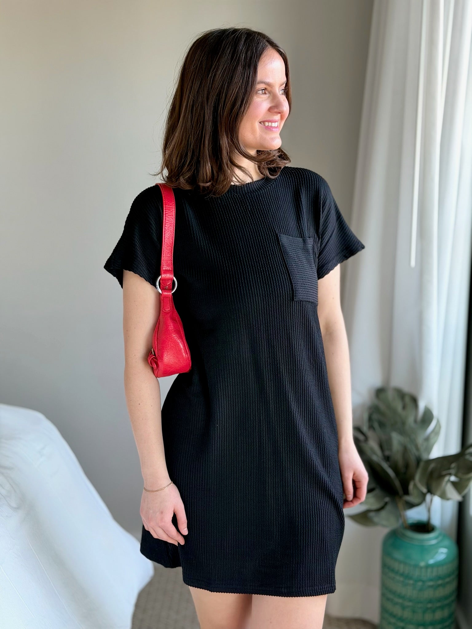 Textured Stripe T-Shirt Dress - Black