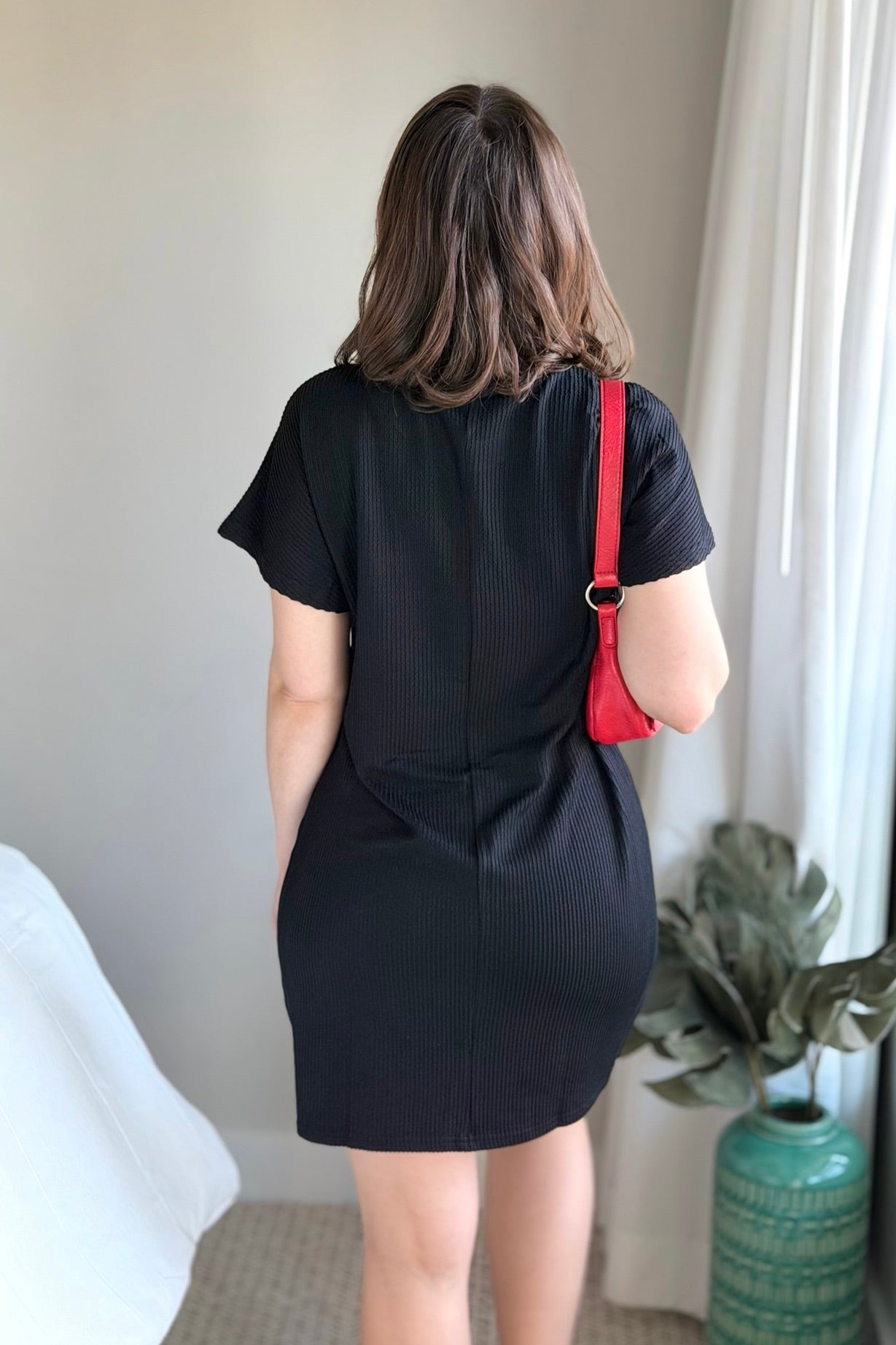 Textured Stripe T-Shirt Dress - Black