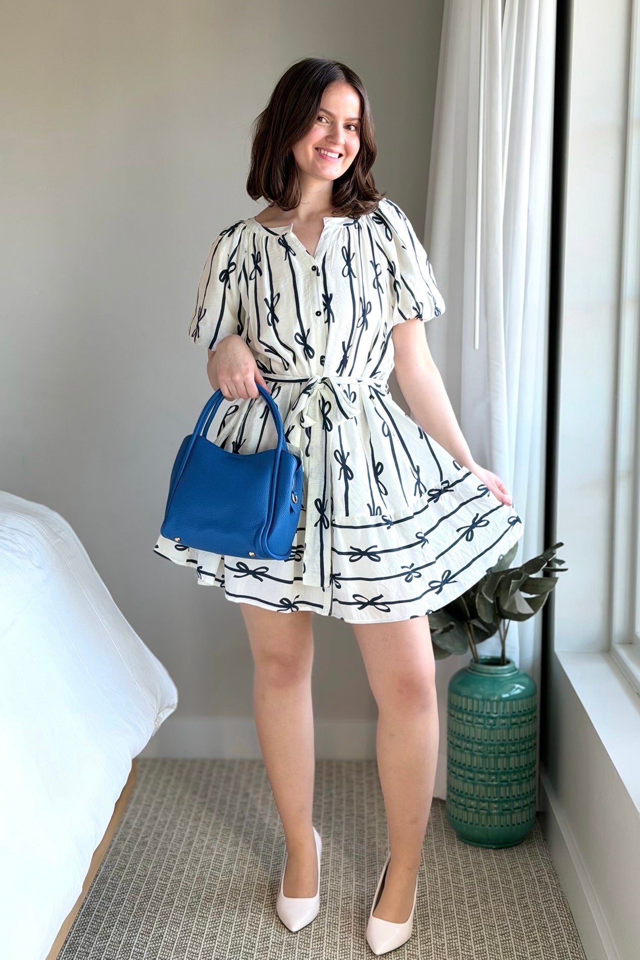 Bow Print Flutter Dress - Off White