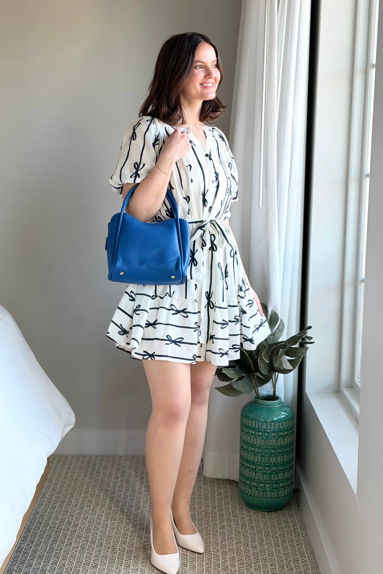 Bow Print Flutter Dress - Off White