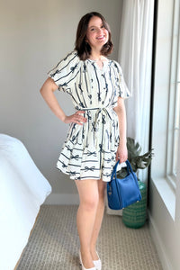 Bow Print Flutter Dress - Off White