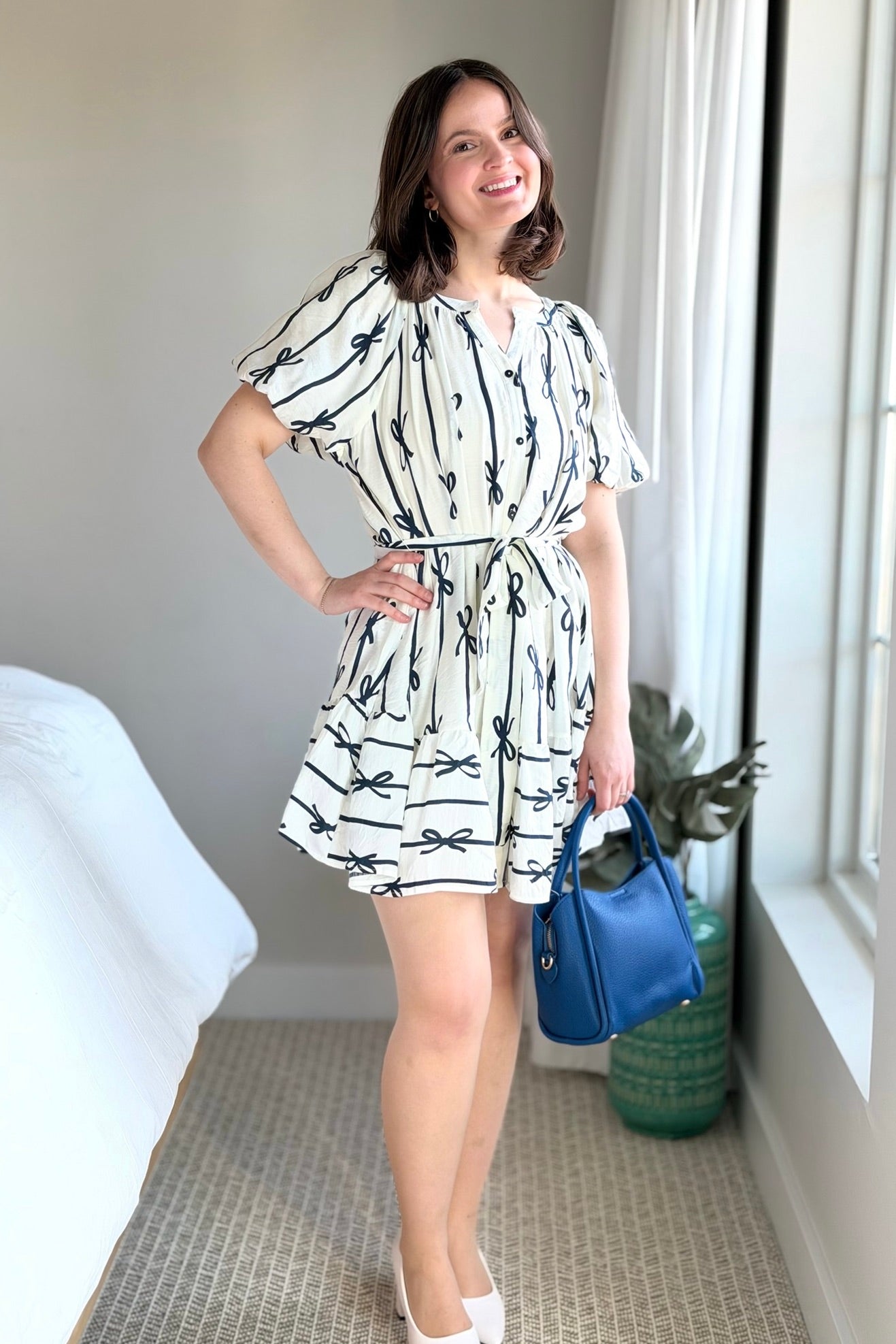 Bow Print Flutter Dress - Off White