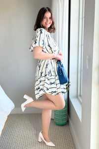 Bow Print Flutter Dress - Off White