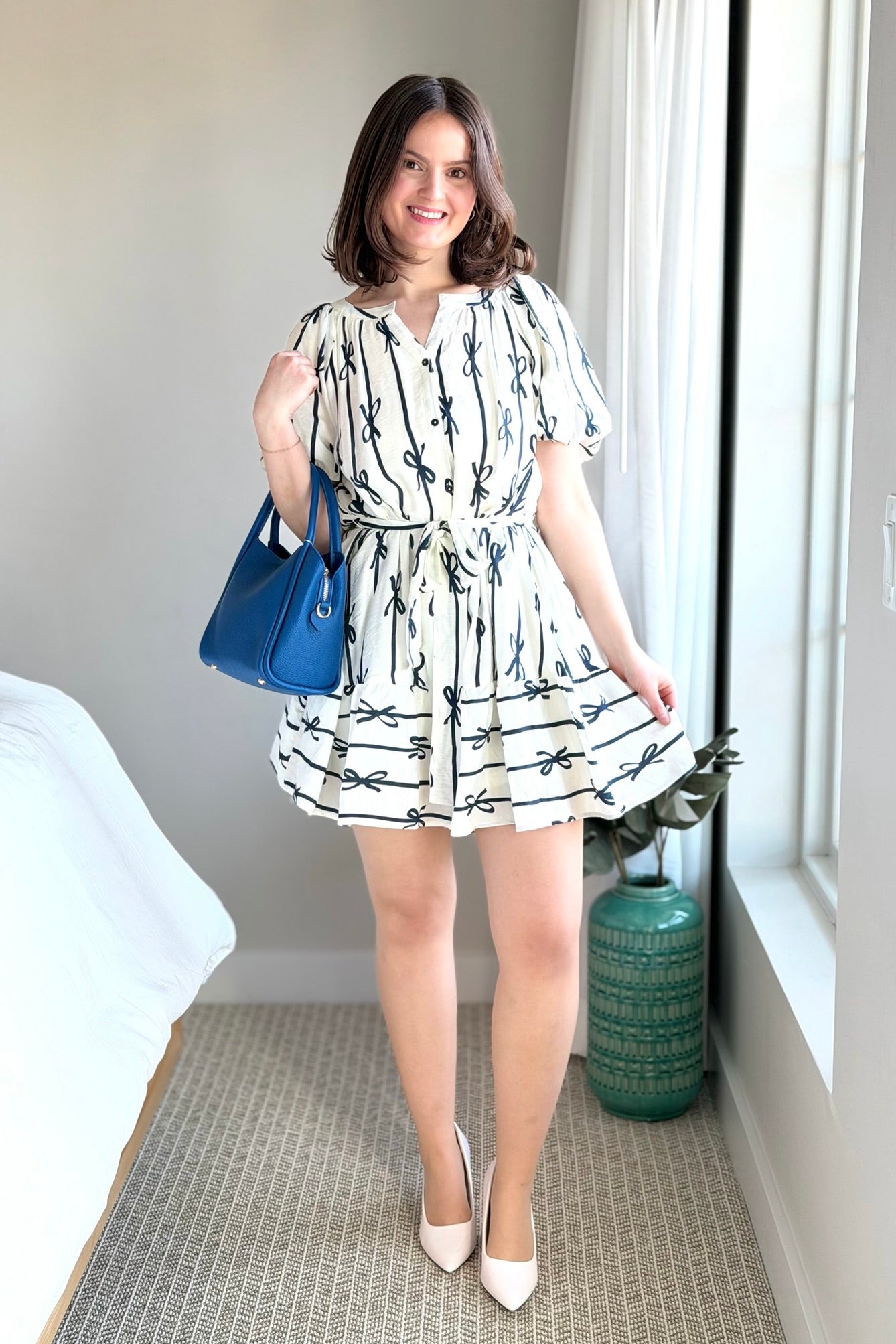 Bow Print Flutter Dress - Off White