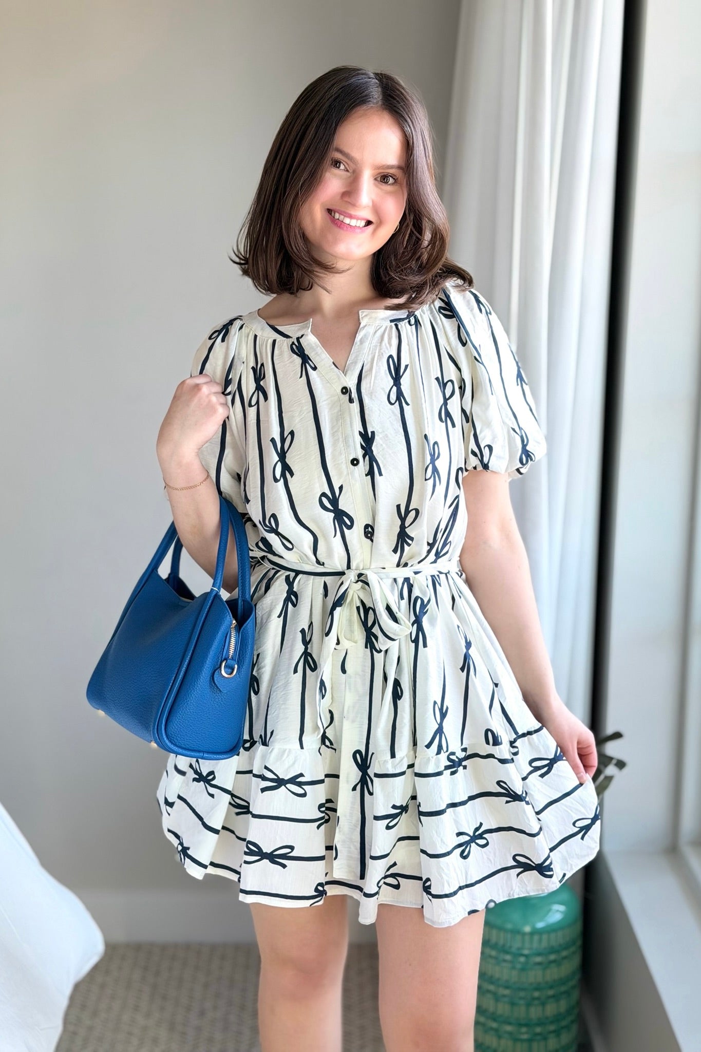 Bow Print Flutter Dress - Off White