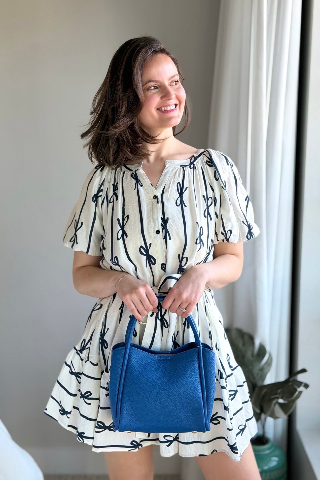 Bow Print Flutter Dress - Off White