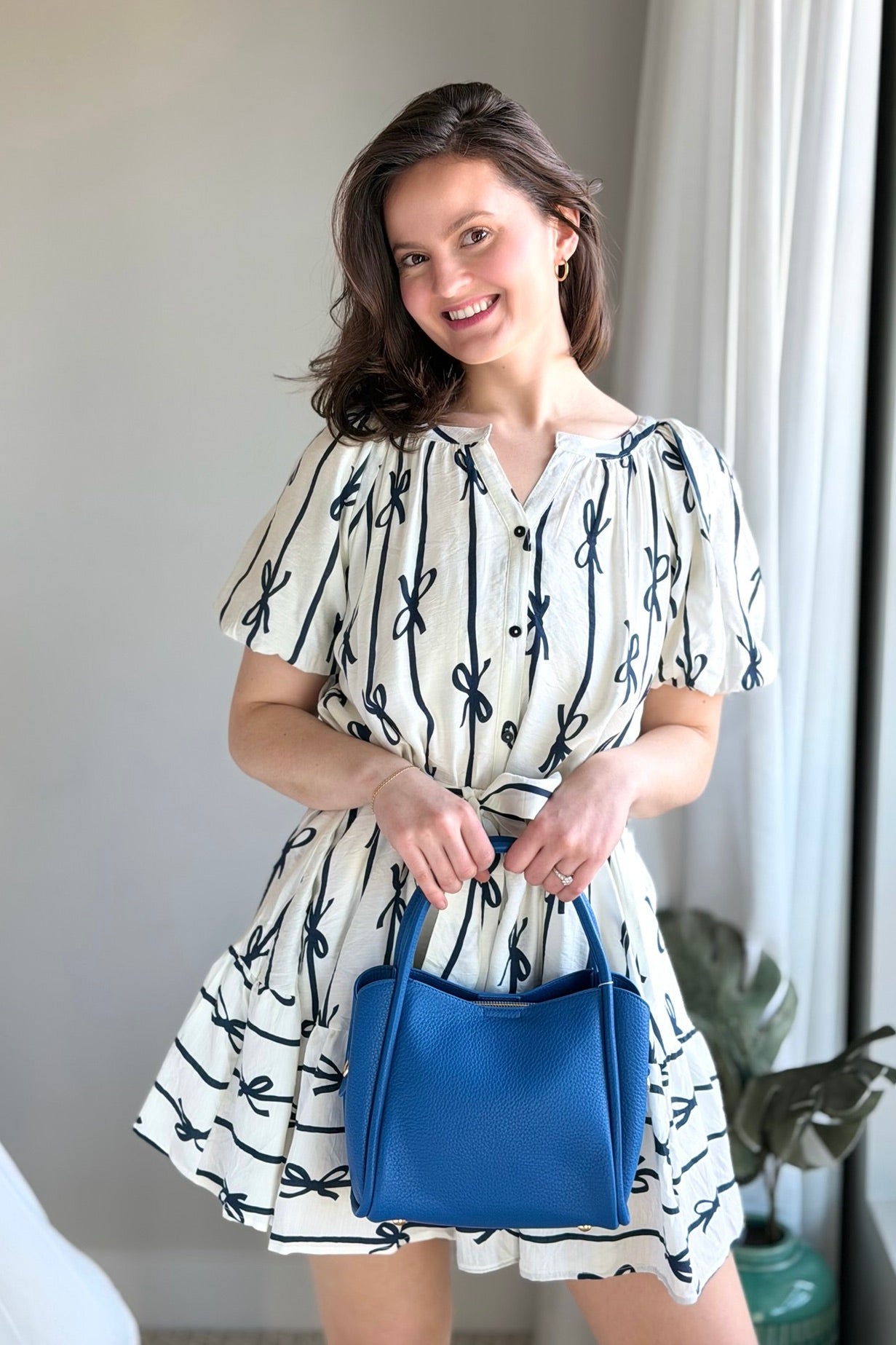 Bow Print Flutter Dress - Off White