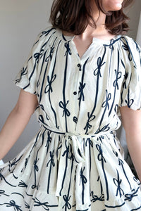Bow Print Flutter Dress - Off White