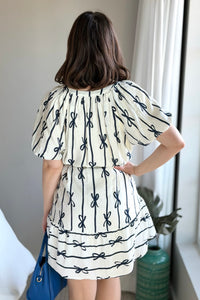 Bow Print Flutter Dress - Off White