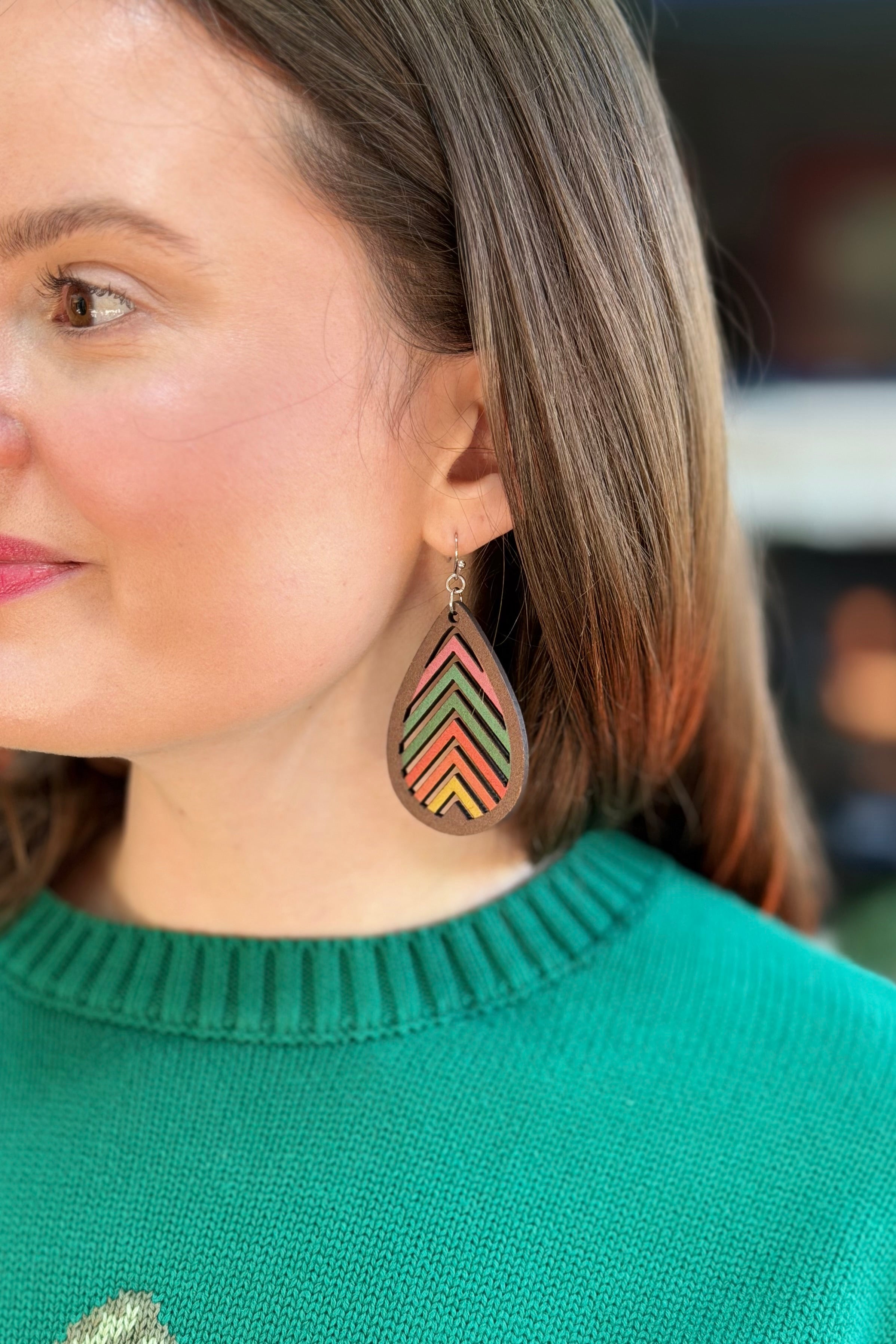 Natural Rainbow Wood Teardrop Earrings