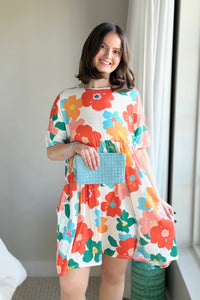 Shirred Dress - Off White & Orange