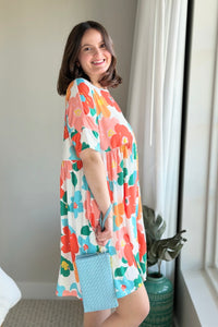 Shirred Dress - Off White & Orange