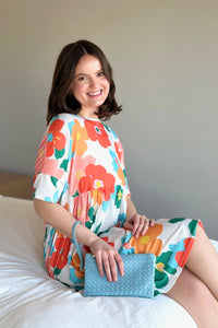 Shirred Dress - Off White & Orange