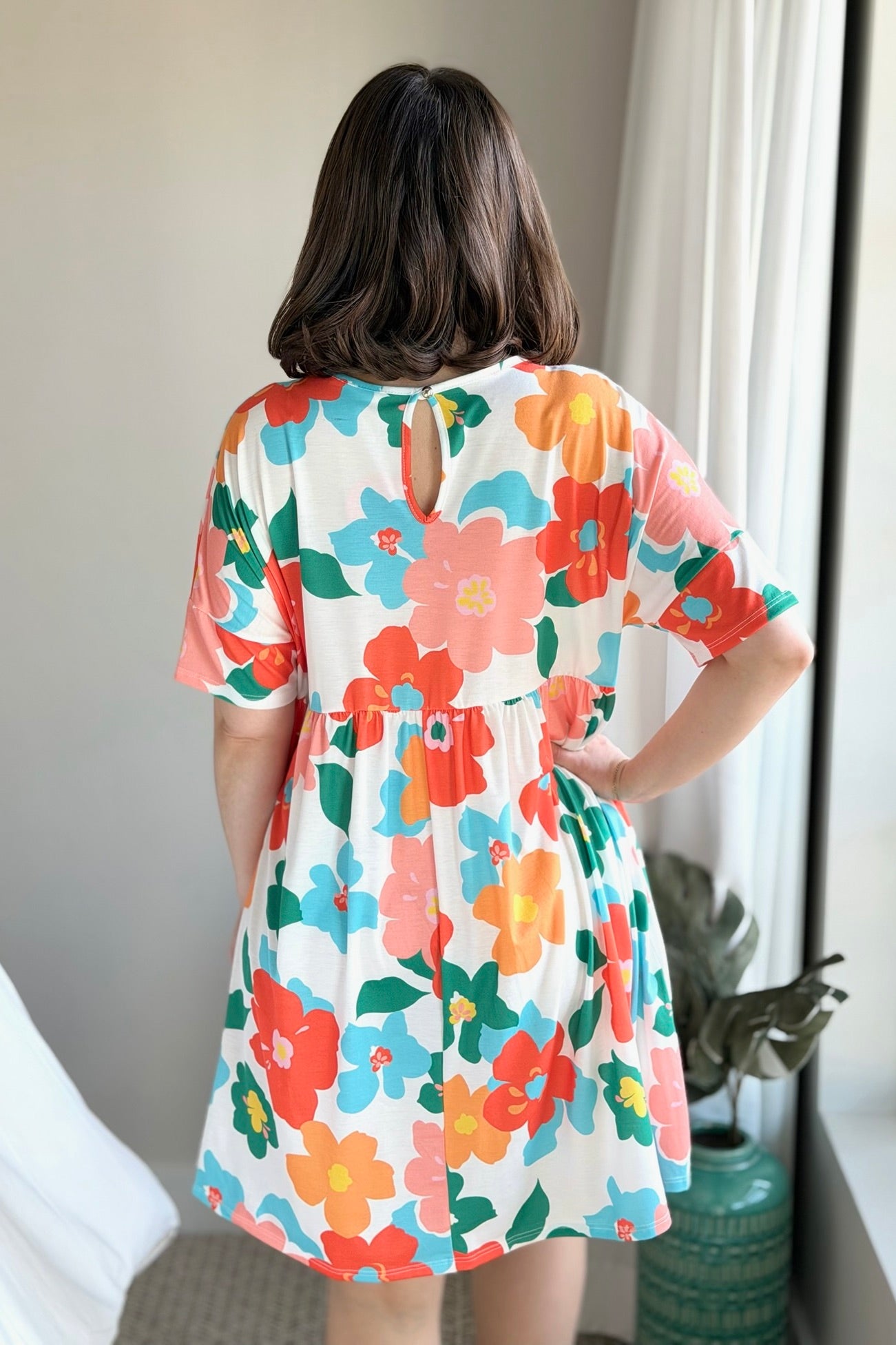 Shirred Dress - Off White & Orange