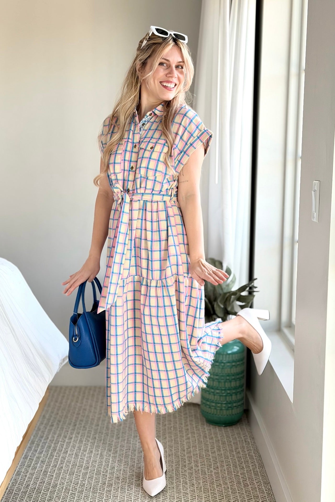 Maxi Dress Half Button Dress - Blue Mix
