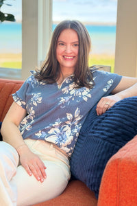 Floral Half-Zip Rib Knit Top