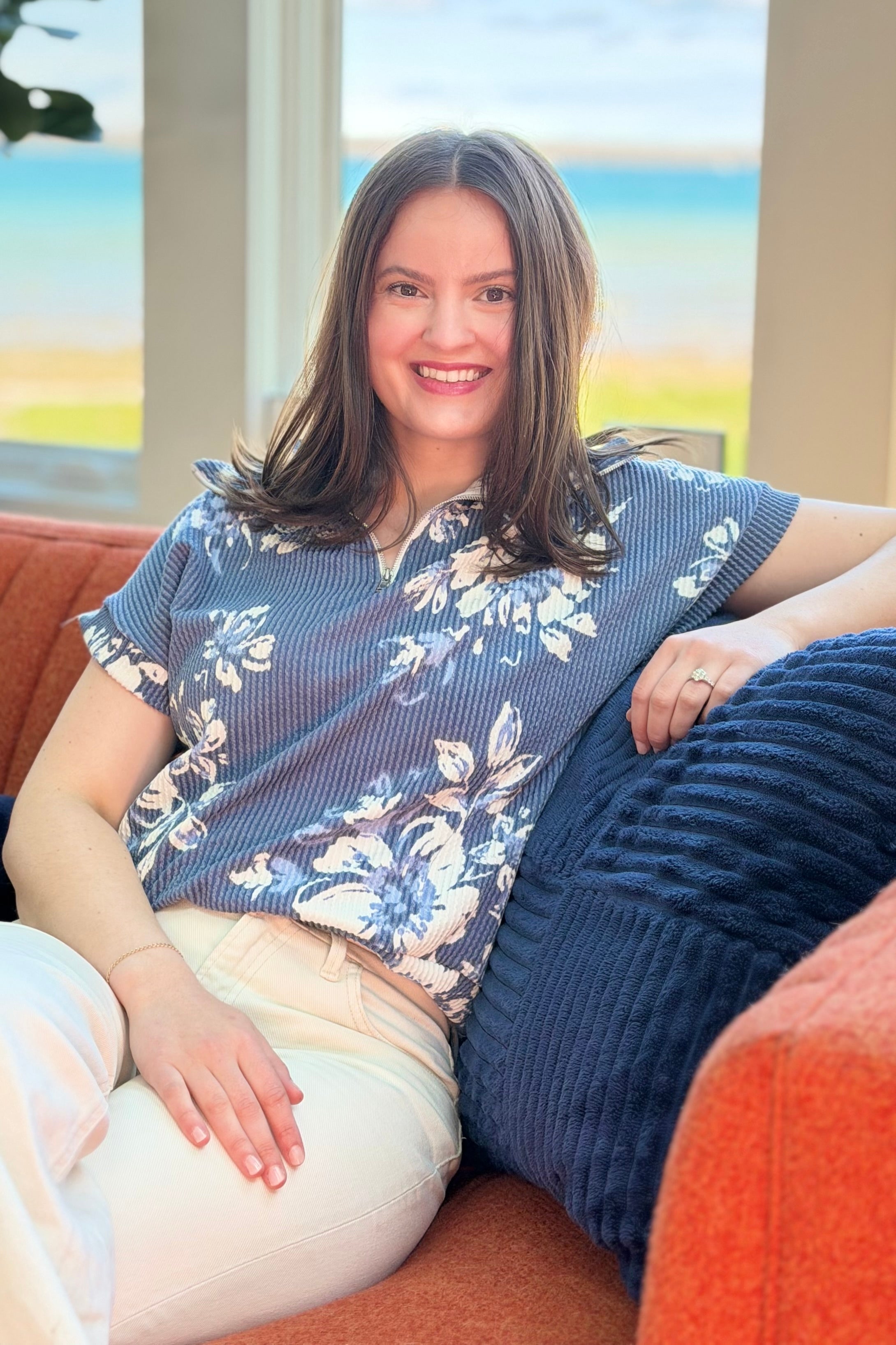 Floral Half-Zip Rib Knit Top