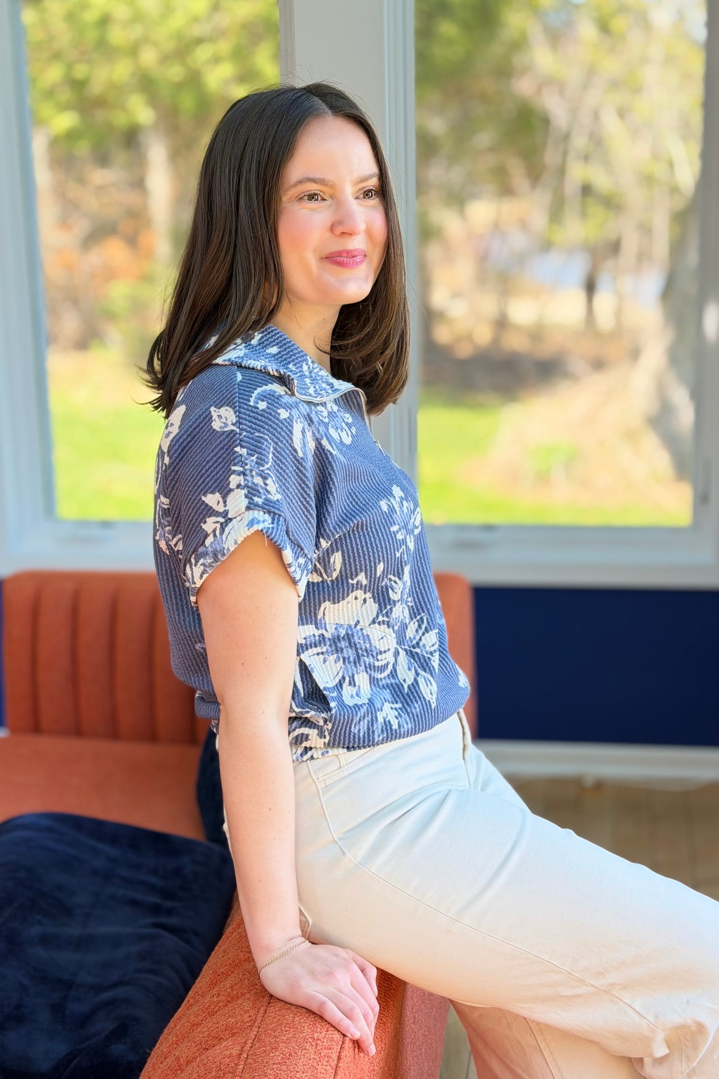 Floral Half-Zip Rib Knit Top