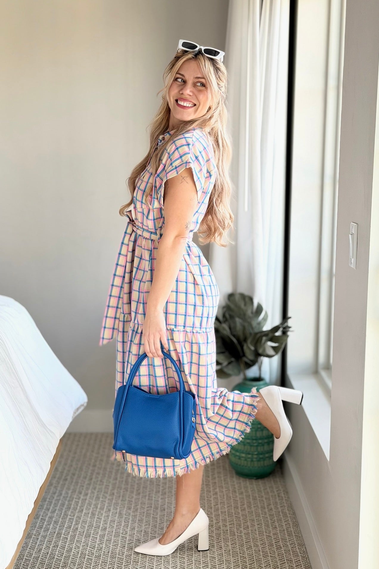 Maxi Dress Half Button Dress - Blue Mix