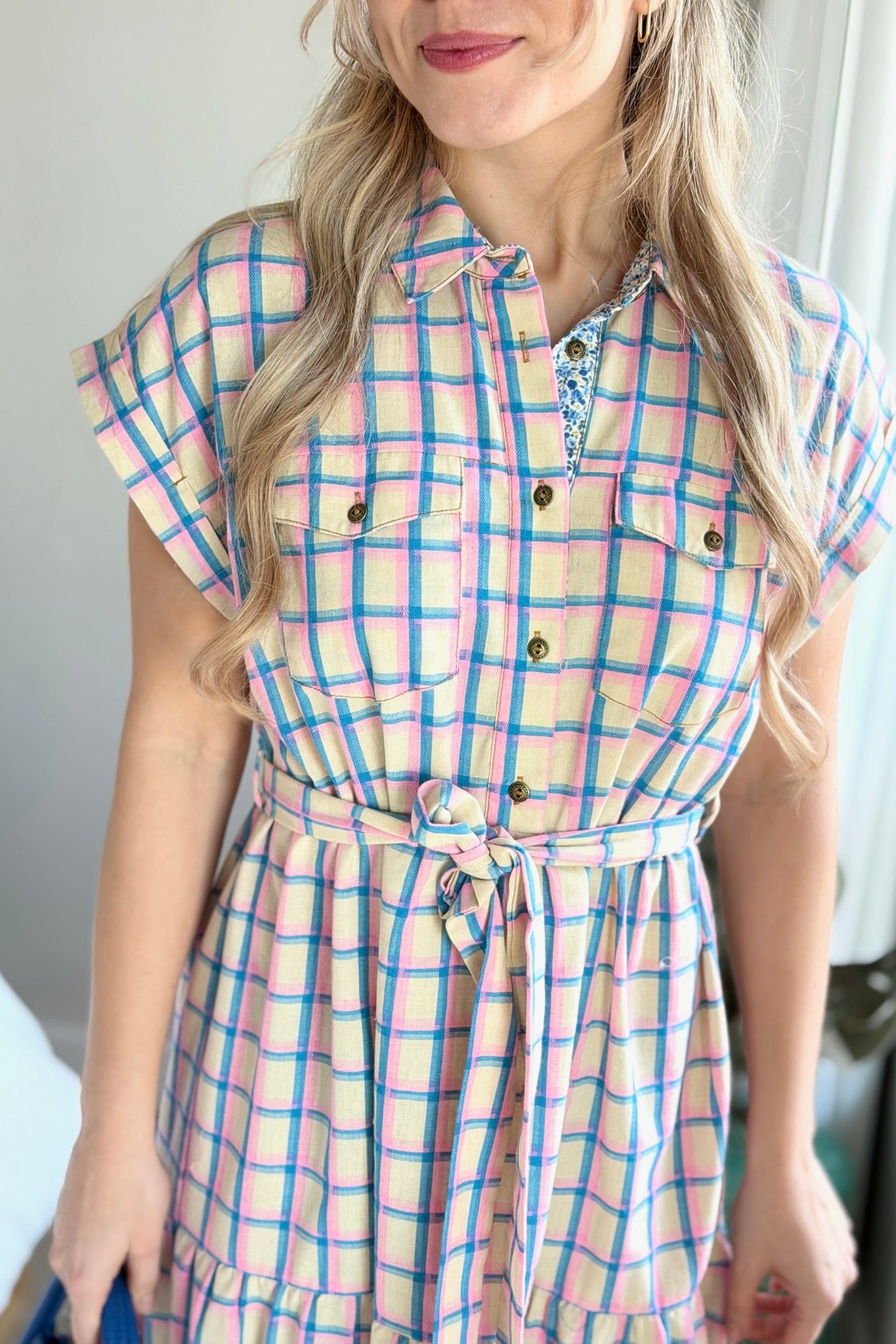 Maxi Dress Half Button Dress - Blue Mix