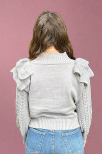Ruffle Trim Knit Sweater - Grey