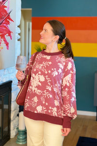 Printed Knit Top Ribbed Contrast - Burgundy